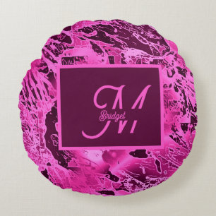 Elegant Pink Marble bold Monogram Typography Round Pillow