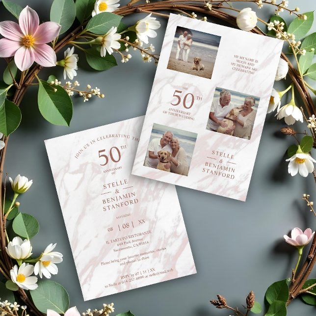 Elegant Pink Marble Effect Three Photos Collage (Pink Marble Three Photos All Wedding Anniversary Announcement.)