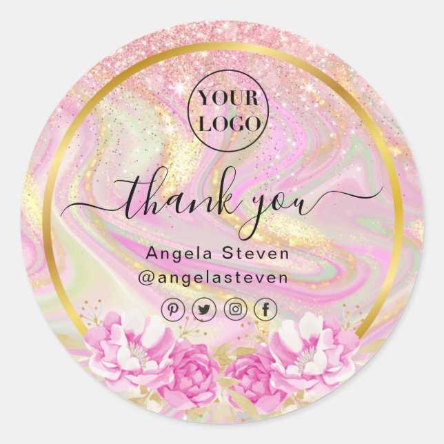 Elegant Pink Marble Floral Chic Gold Glitter  Classic Round Sticker (Front)