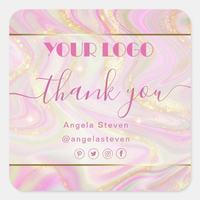 Elegant Pink Marble Floral Chic Gold Glitter  Square Sticker (Front)