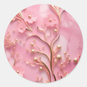 Elegant Pink Marble Gold Accents Classic Round Sticker
