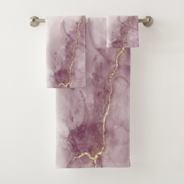 Elegant Pink Marble Gold Vein Pattern Bath Towel Set (Insitu)