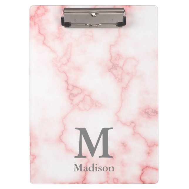 Elegant Pink Marble Look Grey Name Monogram Text Clipboard (Front)