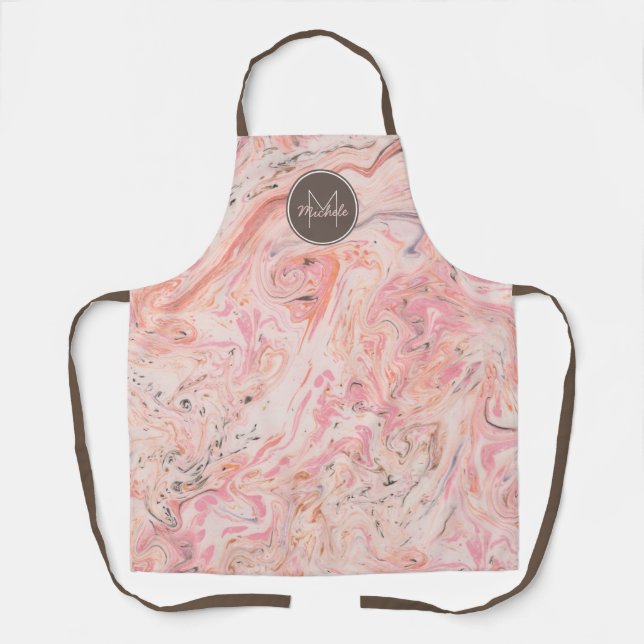 Elegant Pink Marble Monogram Apron (Front)