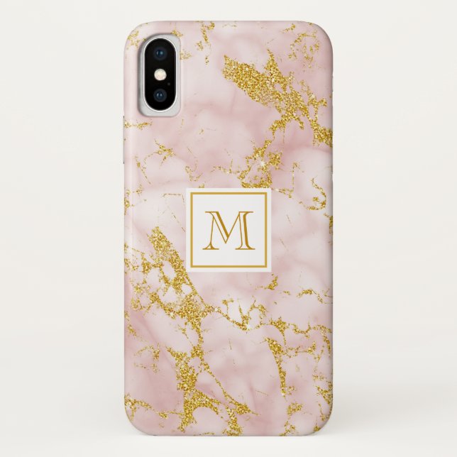 Elegant Pink Marble Monogram Faux Gold Glitter Case-Mate iPhone Case (Back)