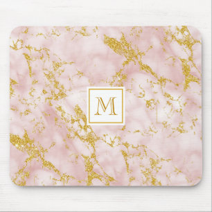 Elegant Pink Marble Monogram Faux Gold Glitter Mouse Pad