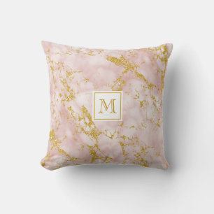 Elegant Pink Marble Monogram Faux Gold Glitter Throw Pillow