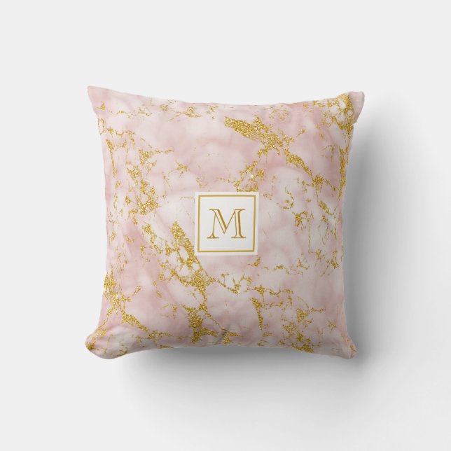Elegant Pink Marble Monogram Faux Gold Glitter Throw Pillow (Front)