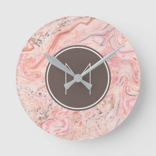 Elegant Pink Marble Monogram Round Clock
