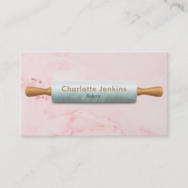 Elegant Pink Marble Rolling Pin Bakery Pastry Chef Business Card (Front)