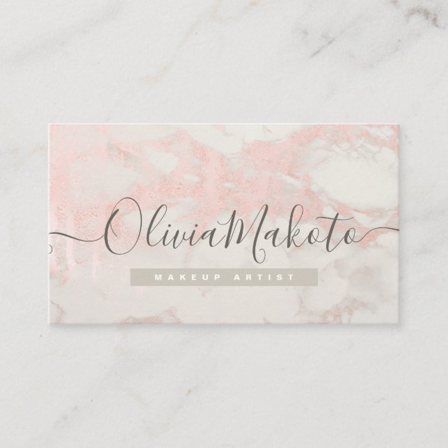 Elegant Pink Marble Rose Script text design Business Card (Front)