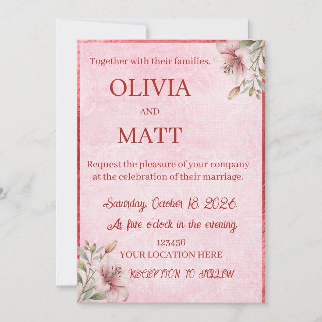 Elegant Pink Marble Watercolor Invitation (Front)