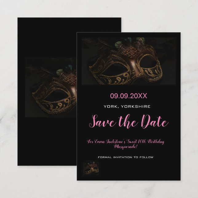 Elegant Pink Masquerade Mask Theme Sweet 16th  Save The Date (Front/Back)