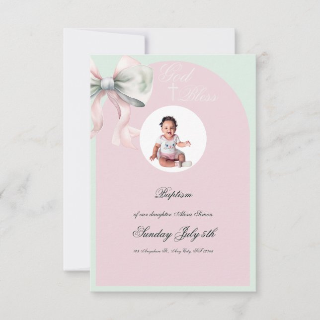 Elegant Pink Mint Bow Baptism for Baby Girl RSVP (Front)