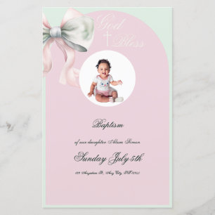 Élégant Pink Mint Bow Baptism pour Baby Girl Menu