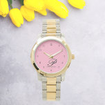 Elegant Pink Modern Initial Monogram Watch<br><div class="desc">Elevate your style with this elegant timepiece, featuring a customizable design that reflects your unique identity. You can put a name of your choice on the watch and personalize it that way, making it a cherished accessory for any occasion. Embrace the perfect blend of sophistication and individuality in every glance....</div>