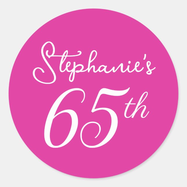 Elegant Pink Monogram 65th Birthday Party Classic Round Sticker (Front)