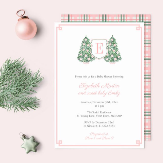 Elegant Pink Monogram Christmas Baby Girl Shower Invitation (Elegant Pink Green Chinoiserie Christmas Monogram Baby Shower Invitations to welcome a little girl)