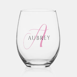 Elegant Pink Monogram Drinkware Set Stemless Wine Glass