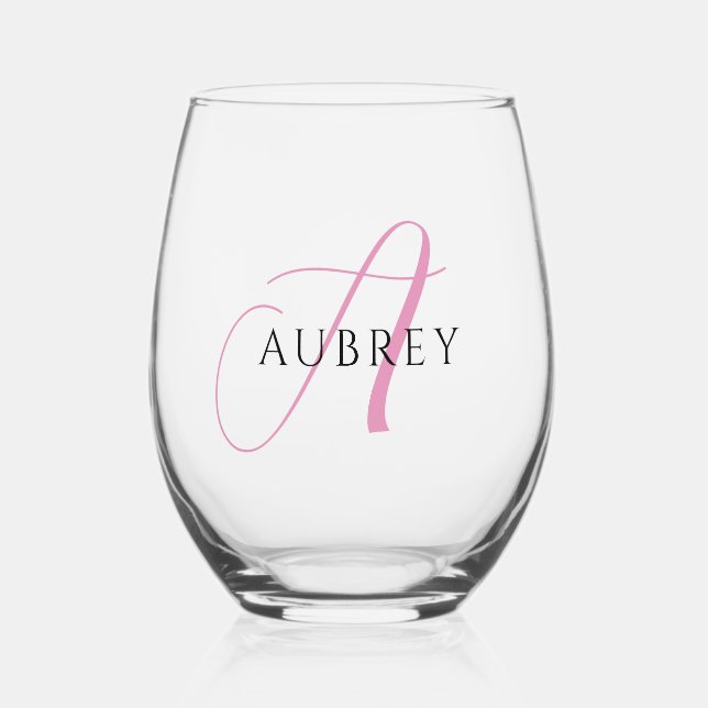 Elegant Pink Monogram Drinkware Set Stemless Wine Glass (Front)