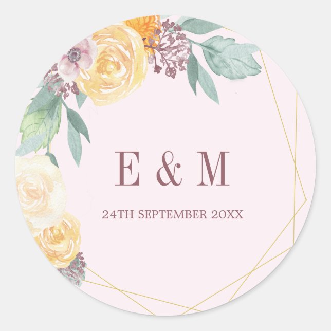 Elegant  Pink Monogram Floral Chic Classic Round Sticker (Front)