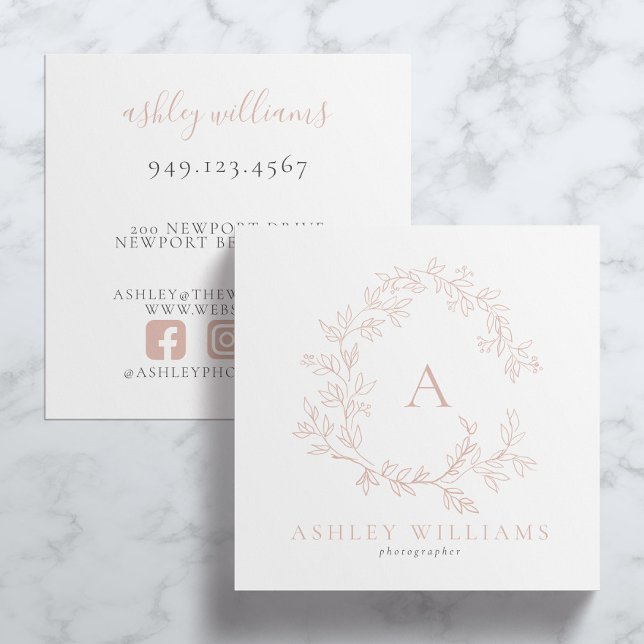 Elegant Pink Monogram Floral Crest Professional Square Business Card (Business Card!)