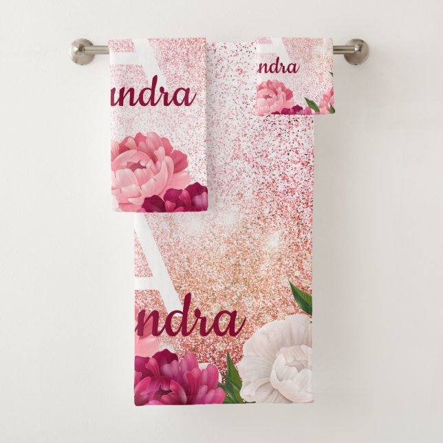 Elegant Pink Monogram Glitter Floral design Bath Towel Set (Insitu)