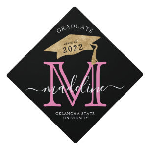 "Elegant Pink Monogram Gold Class of Graduation Cap Topper