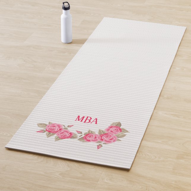Elegant Pink Monogram Roses Striped Pattern Yoga Mat (In Situ)