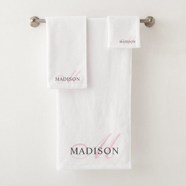 Elegant Pink Monogram Script Initial Name White Bath Towel Set (Insitu)