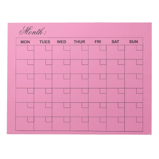 Elegant Pink Monthly Calendar Planner  Notepad (Front)