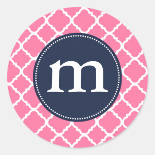 Elegant Pink Moroccan Quatrefoil Personalized Classic Round Sticker