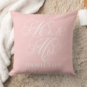 Elegant Pink Mr and Mrs Script Custom Monogram Throw Pillow