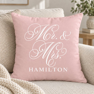 Elegant Pink Mr and Mrs Script Wedding Throw Pillow