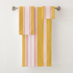 Elegant Pink Mustard Yellow French Ticking Stripe Bath Towel Set