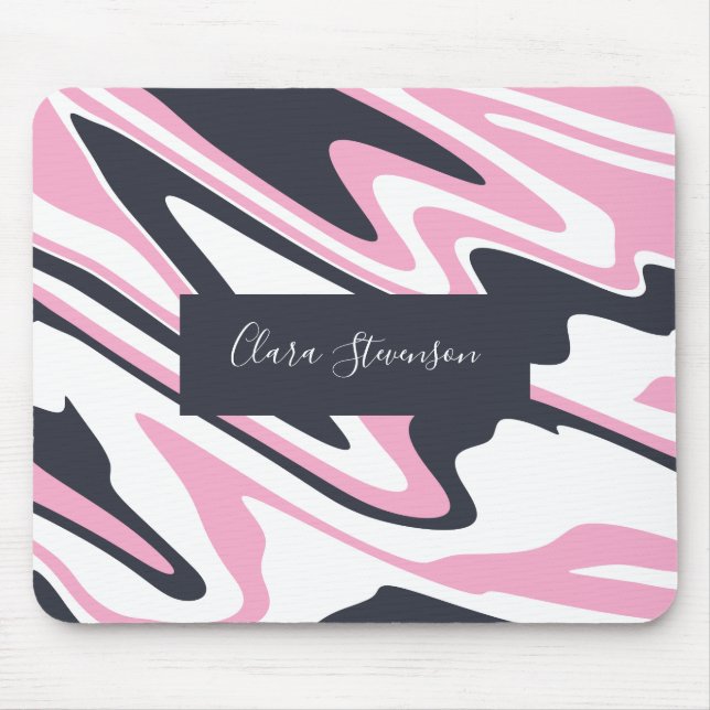 Elegant pink, navy blue and white marble look mouse pad (Front)