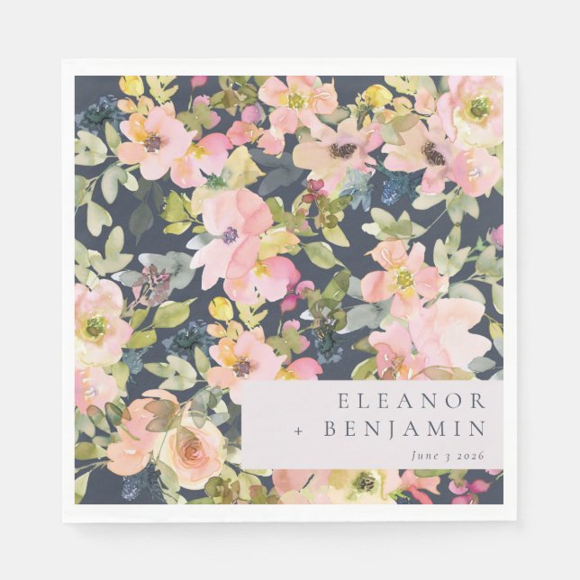 Elegant Pink Navy Watercolor Floral Custom Wedding Napkin (Front)