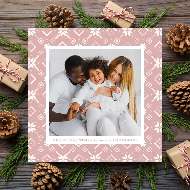 Elegant Pink Nordic Snowflake Pattern Photo Holiday Card (Creator Uploaded)