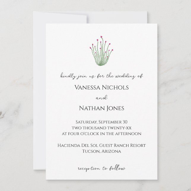 Elegant Pink Ocotillo Cactus Wedding Invitation (Front)