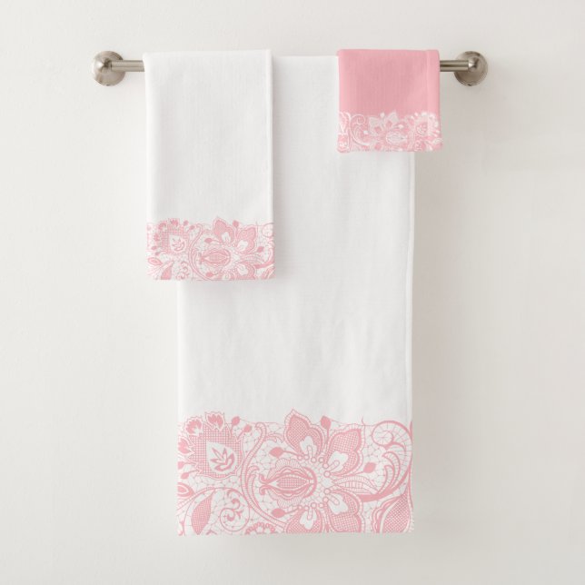 Elegant Pink On White Lace Border Bath Towel (Insitu)