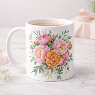 Elegant Pink & Orange Peonies Floral Coffee Mug