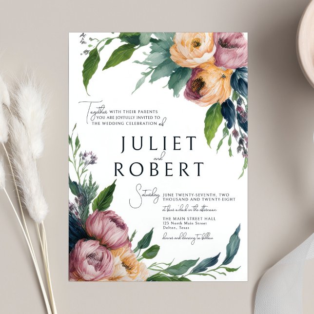 Elegant Pink Orange Ranunculus Floral Wedding Invitation (Creator Uploaded)