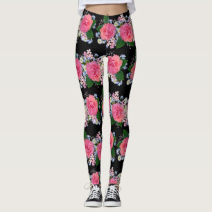 Elegant Pink Orange Rose White Flower Black Leggings