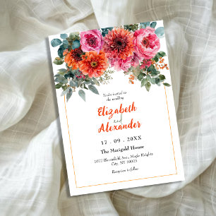 Elegant Pink Orange Watercolor Floral Wedding Invitation