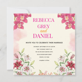 Elegant Pink Orchid and Lily Floral Invitation 