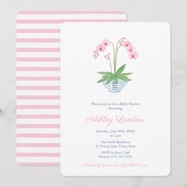 Elegant Pink Orchid Chinoiserie Girl Baby Shower I Invitation (Front/Back)
