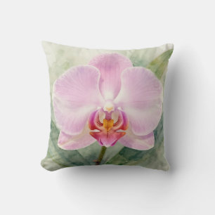 Elegant Pink Orchid Watercolor Botanical Floral Throw Pillow