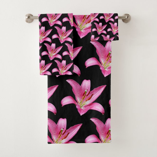 Elegant Pink Oriental Lily Lilium Stargazer Flower Bath Towel Set (Insitu)
