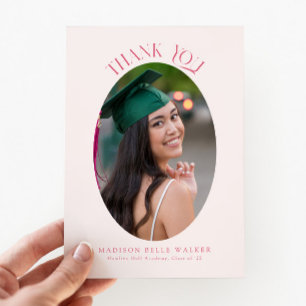 Elegant Pink Oval Graduation Photo Thank You  Card