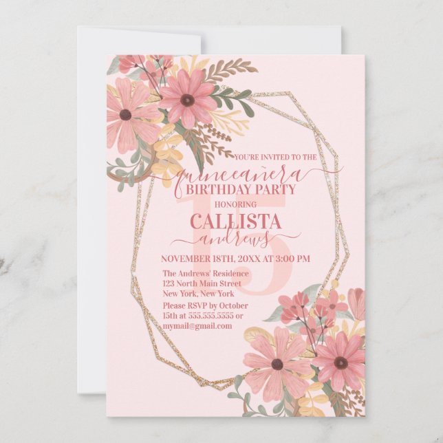 Elegant Pink Painted Flowers Glitter Quinceañera Invitation (Front)